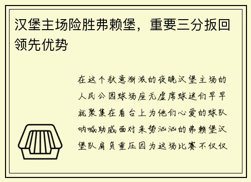 汉堡主场险胜弗赖堡，重要三分扳回领先优势